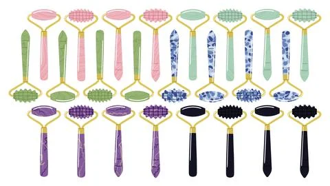 Big set of different gua sha rollers are made of quartz, aventurine, jade, am Stock Illustration