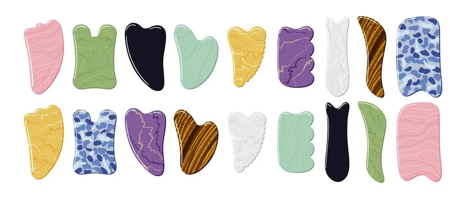 Big set of different gua sha stones are made of quartz, aventurine, jade, ame Stock Illustration