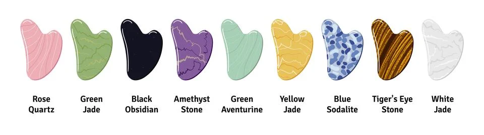 Big set of different gua sha stones with title are made of quartz, aventurine Stock Illustration