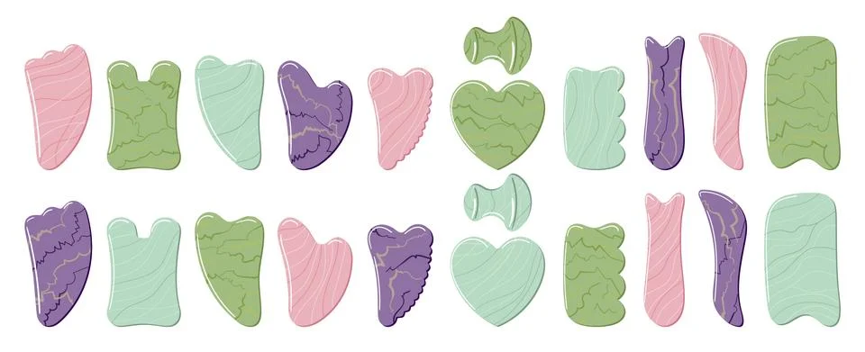 Big set of different gua sha stones are made of quartz, aventurine, jade, ame Stock Illustration