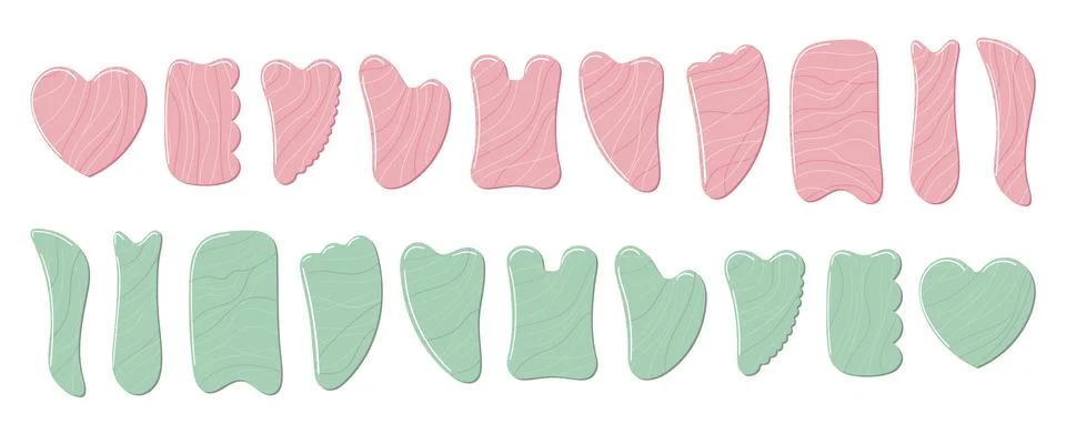 Big set of different gua sha stones are made of rose quartz and green aventur Stock Illustration