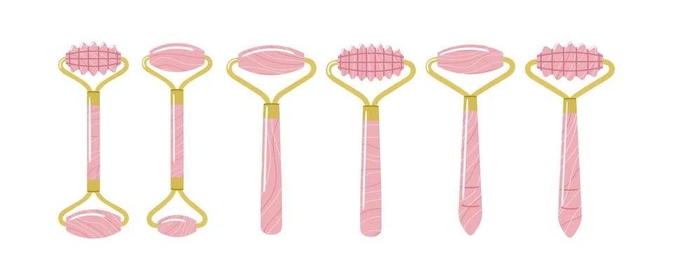 Big set of different gua sha rollers are made of rose quartz. Facial gua sha  Stock Illustration