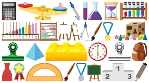 Big set of different school items on white background Stock Illustration