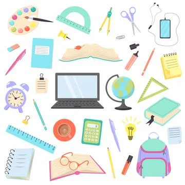 Big set of different school supplies. Back to school concept. Stationery and  Stock Illustration