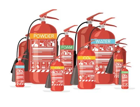 Big set of different size and type fire extinguisher with safe labels simple Stock Illustration