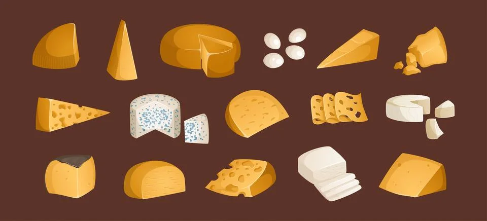 Big set of different types of cheeses on a brown background. Vector illustrat Stock Illustration