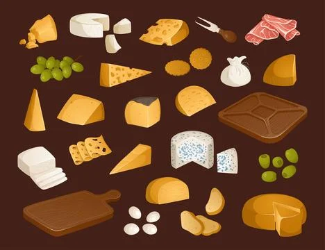 Big set of different types of cheeses and other appetizers for wine on a brow Stock Illustration