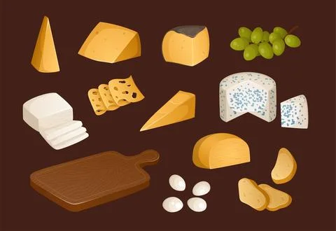 Big set of different types of cheeses and other appetizers and items for wi.. Stock Illustration