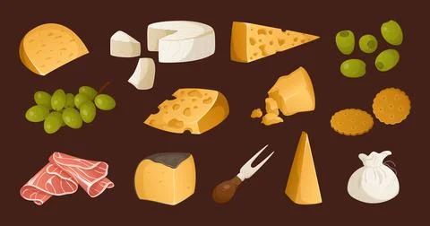 Big set of different types of cheeses and other appetizers and items for wine Stock Illustration