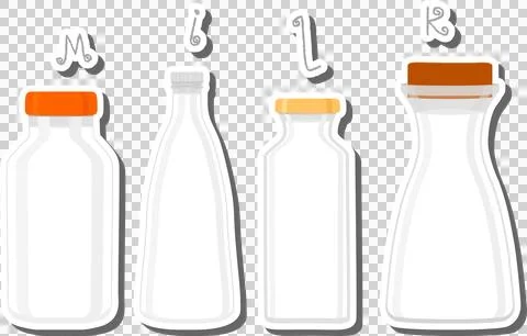 Big set different types chilled milk in bottles various size Ilustración de archivo