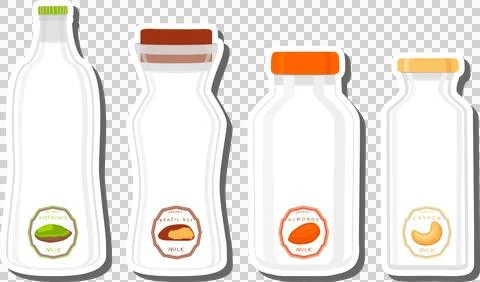 Big set different types chilled milk in bottles various size Ilustración de archivo