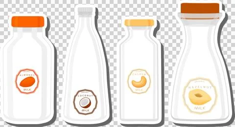 Big set different types chilled milk in bottles various size Ilustración de archivo
