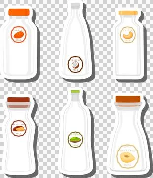 Big set different types chilled milk in bottles various size Ilustración de archivo