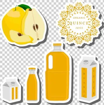 Big set different types of juice quince in bottle Stock Illustration