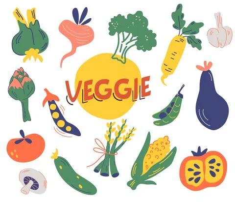 Big set of different vegetables. Greens harvest. Collection of colored hand d Stock Illustration