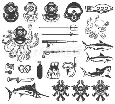 Big set of diving icons. Diver equipment, weapon, sea animals. D Stock Illustrationen