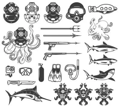 Big set of diving icons. Diver equipment, weapon, sea animals. D Stock Illustration