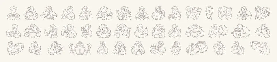 Big Set Of Doodle Characters For A Cafe And Bakery Vector Illustration 스톡 일러스트