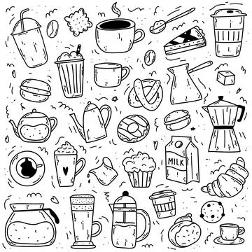 Big set of doodle coffee items as coffee makers, cups, bakery, milk. Hand dra Stock Illustration