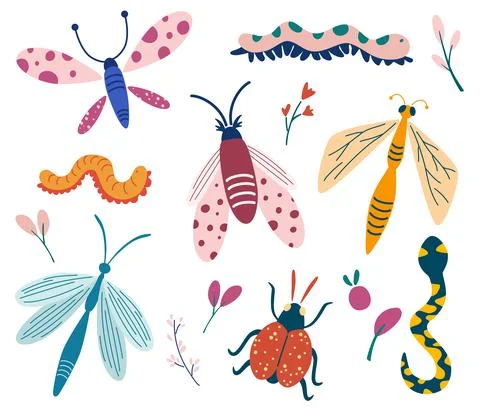 Big set of doodle insects. Beetle, butterfly, moth, worm, dragonfly, snake. I Stock Illustration