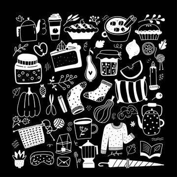 Big set of doodle tea cups, mugs, teapots, cookie, decor elements. Hand drawn Stock Illustration