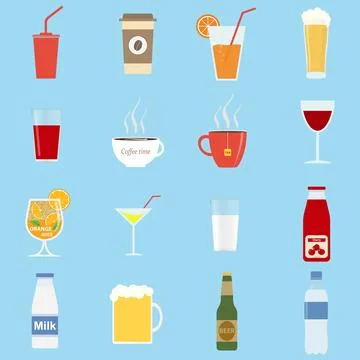 Big set of drinks, milk, juice, water, beer, wine, cocktail, coffee, tea. Stock Illustration