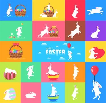 Big set easter rabbit and bunny, easter eggs and basket Stock Illustration
