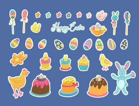 Big set of Easter stickers with white outline vector. Stock Illustration