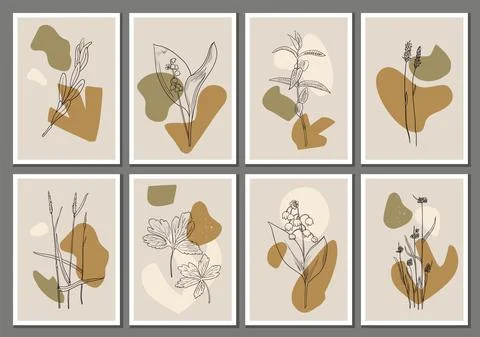 Big set of elegance minimalistic contemporary posters with line art plants and Stock Illustration