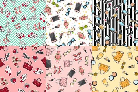 Big Set of Fashion Objects Seamless Pattern Stock Illustration