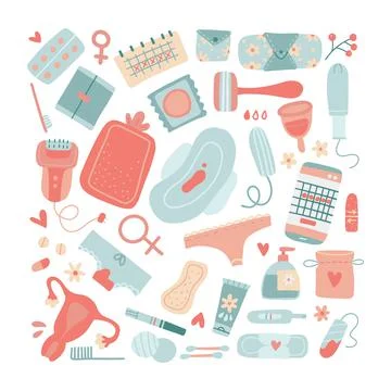 Big set of female hygiene products. Many menstrual cycle items. Woman critical Stock Illustration