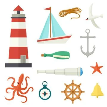 Big set of flat cartoon style nautical elements Stock Illustration