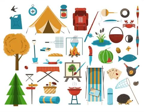 A big set of flat icons for camping. Vector cartoon illustration. Equipment for Stock Illustration