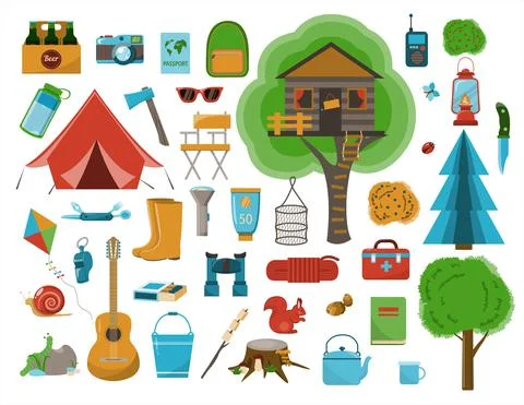 A big set of flat icons for camping. Vector cartoon illustration. Equipment for Stock Illustration