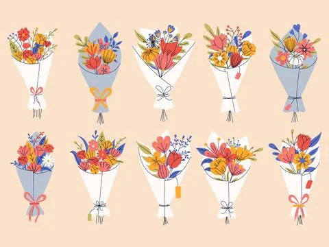 Big set of floral elements. Romantic flower collection with bouquet of flow.. Stock Illustration