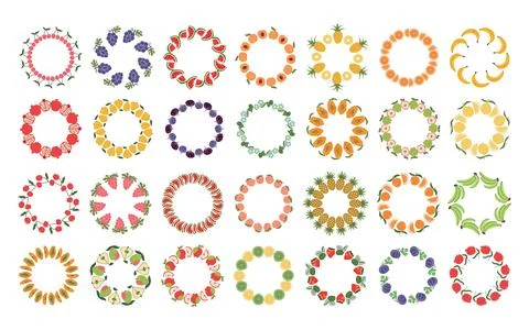 Big set of fruit frames. Assorted fruit design template, copy space. Cute h.. Ilustração Stock