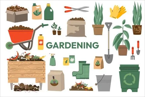 Big set of garden elements and tools. gardening tools and plants in pots on Illustrazione stock
