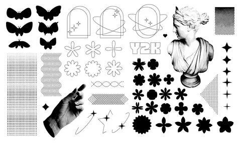 Big set of geometric shapes, frames, hearts, butterflies, flowers, sparkle イラスト素材