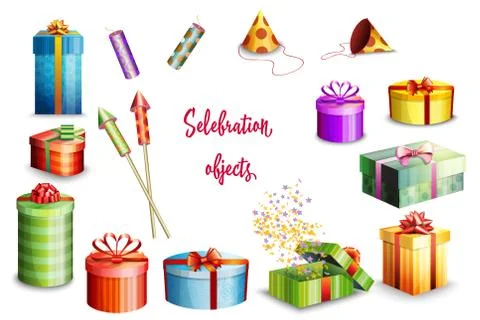 Big set of gift boxes of different design and fireworks isolated on white  Stock Illustration