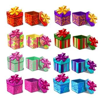 Big set of gift boxes isolated on white background. Vector cartoon close-up Illustrazione stock