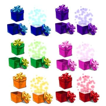 Big set of gift boxes isolated on white background. Vector cartoon close-up Stock Illustration
