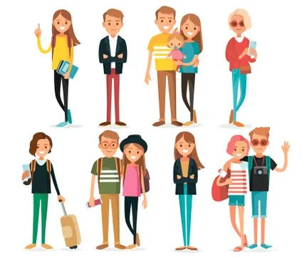 Big set group of diverse flat cartoon characters style young people couples i Stock Illustration