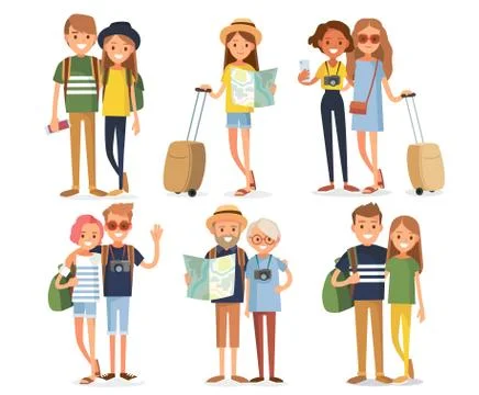 Big set group of diverse flat cartoon characters people travelers tourists in Illustrazione stock