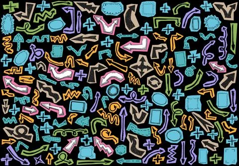 Big set of grunge, doodle, graffiti, hand drawn paper cutted arrows, plus signs Stock Illustration