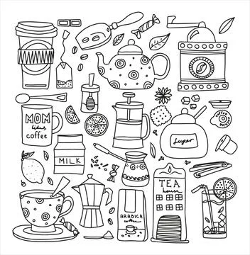 Big set of hand drawn coffee and tea doodles. A set of isolated vector drawings Stock Illustration