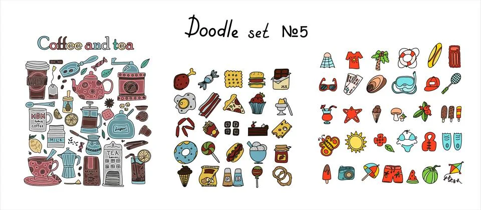 Big set of hand drawn coffee and tea doodles. A set of isolated vector summer Stock Illustration