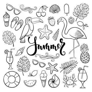 Big set of hand drawn cute cartoon summer symbol and objects for wrapping, .. Stock Illustration