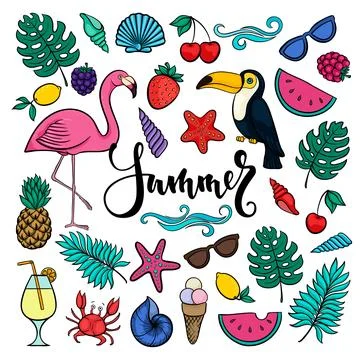 Big set of hand drawn cute cartoon summer symbols and objects for wrapping... Stock Illustration