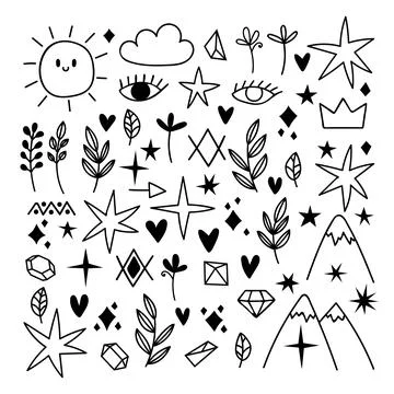 Big set of hand drawn design elements. Doodle style. Sketch of star, heart,.. Ilustração Stock
