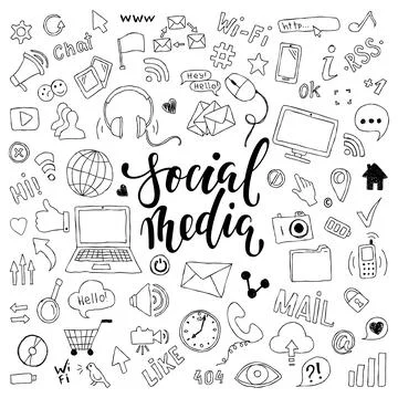 Big set of hand drawn doodle cartoon objects and symbols with lettering. on t Stock Illustration